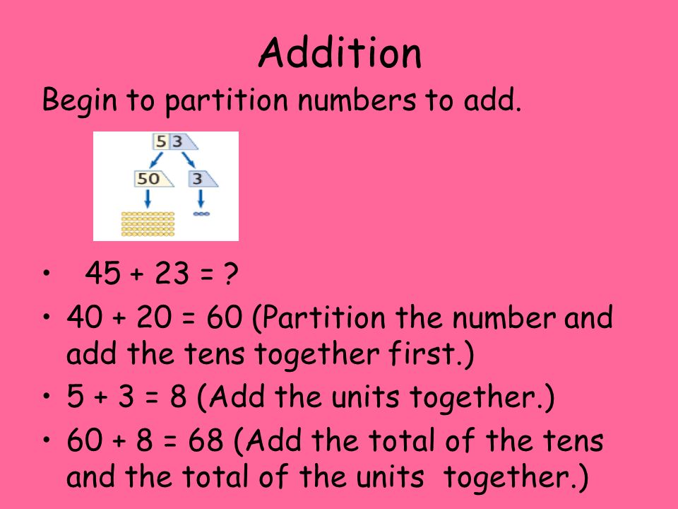 Addition Begin to partition numbers to add =