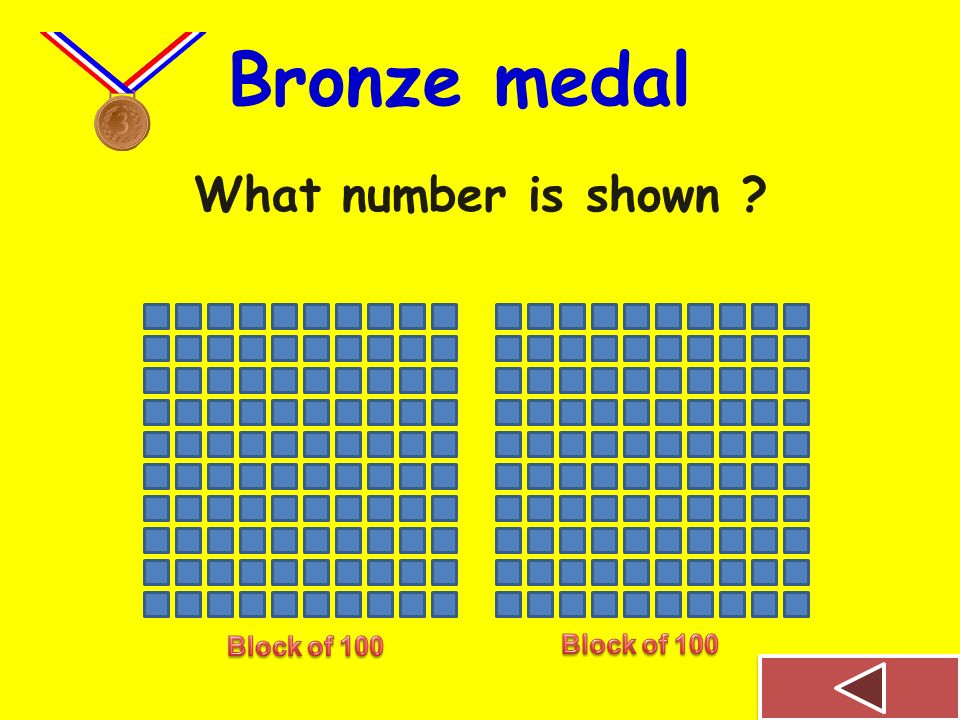 Bronze medal What number is shown Block of 100 Block of 100