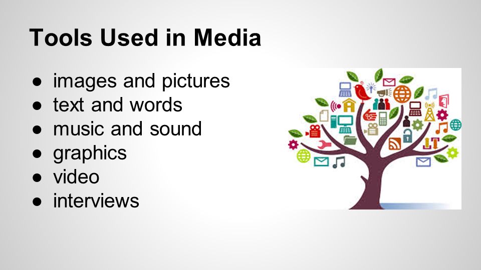 Tools Used in Media images and pictures text and words music and sound