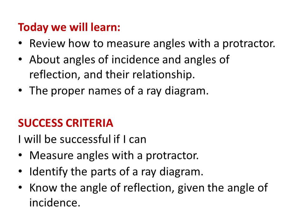 Today we will learn: Review how to measure angles with a protractor. About angles of incidence and angles of reflection, and their relationship.