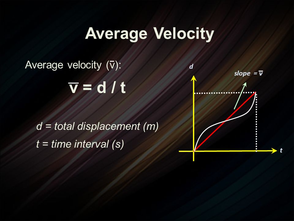 Average Velocity Average velocity (v): v = d / t