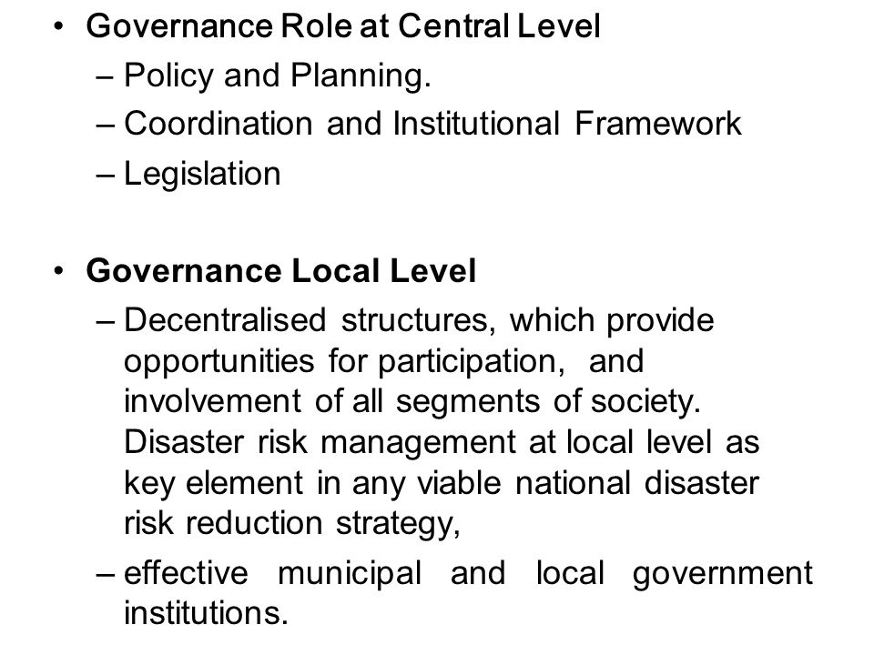 Governance Role at Central Level
