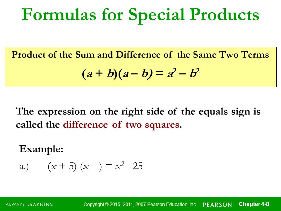 Formulas for Special Products
