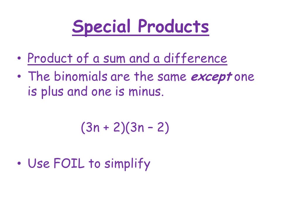 Special Products Product of a sum and a difference