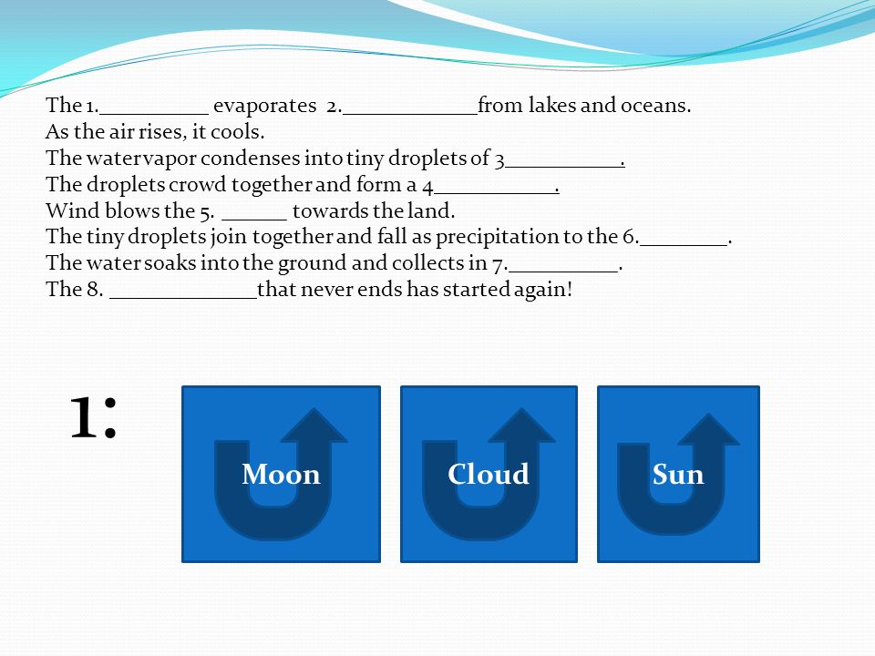 1: Moon Cloud Sun The 1. evaporates 2. from lakes and oceans.