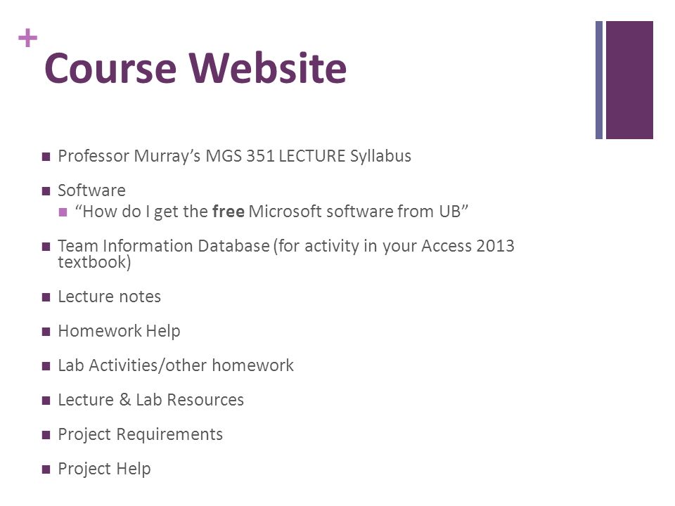 Course Website Professor Murray’s MGS 351 LECTURE Syllabus Software
