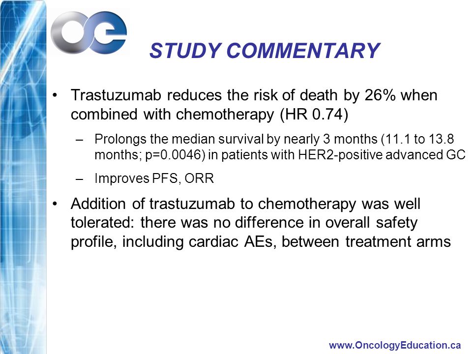 STUDY COMMENTARY Trastuzumab reduces the risk of death by 26% when combined with chemotherapy (HR 0.74)