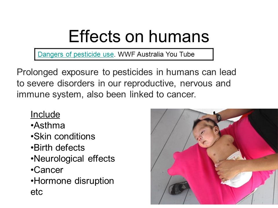 Effects on humans Prolonged exposure to pesticides in humans can lead