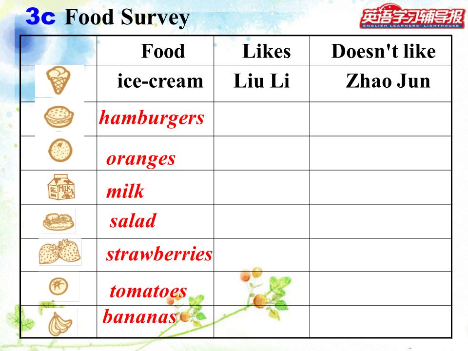 3c Food Survey Food Likes Doesn t like ice-cream Liu Li Zhao Jun