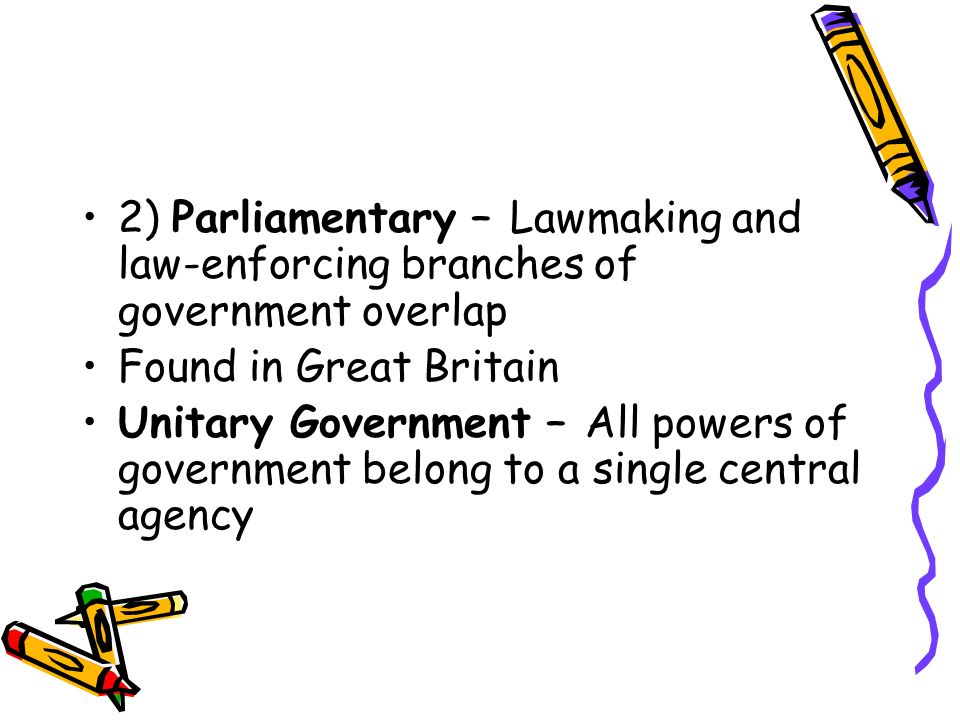 2) Parliamentary – Lawmaking and law-enforcing branches of government overlap
