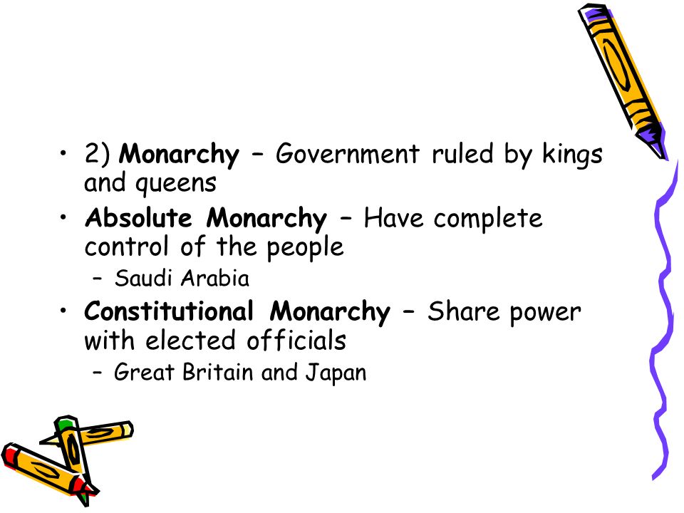 2) Monarchy – Government ruled by kings and queens