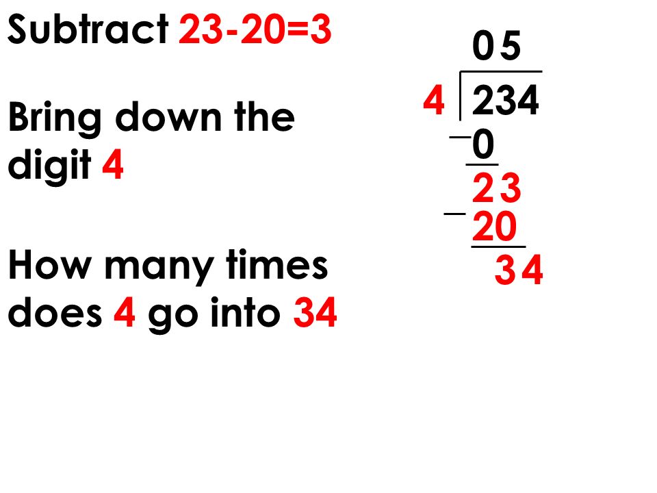 Subtract 23-20= Bring down the digit How many times does 4 go into