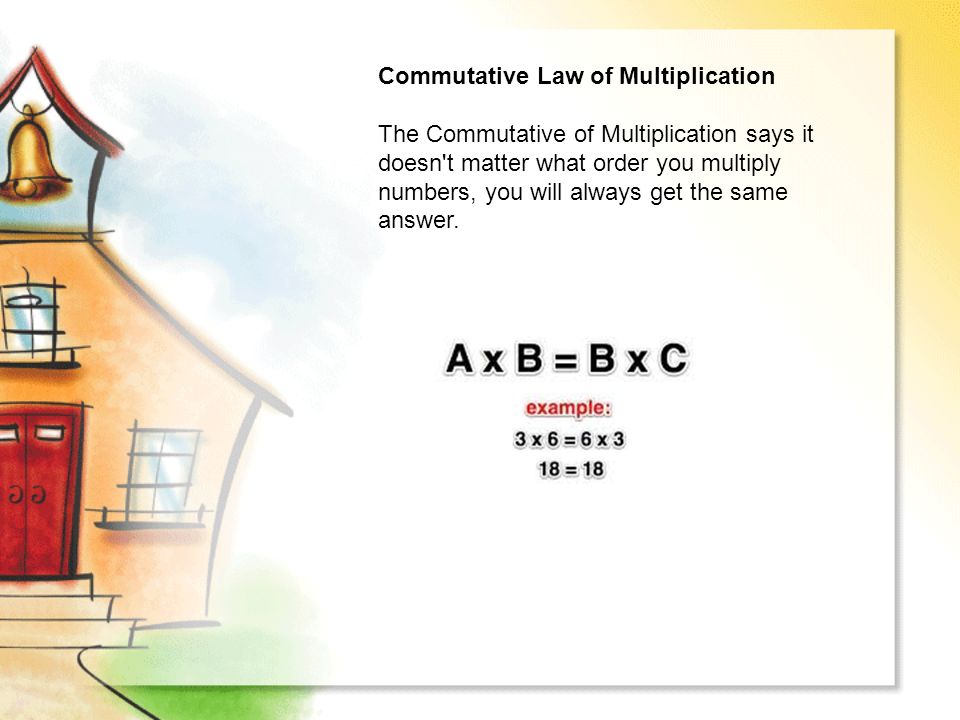 Commutative Law of Multiplication The Commutative of Multiplication says it doesn t matter what order you multiply numbers, you will always get the same answer.