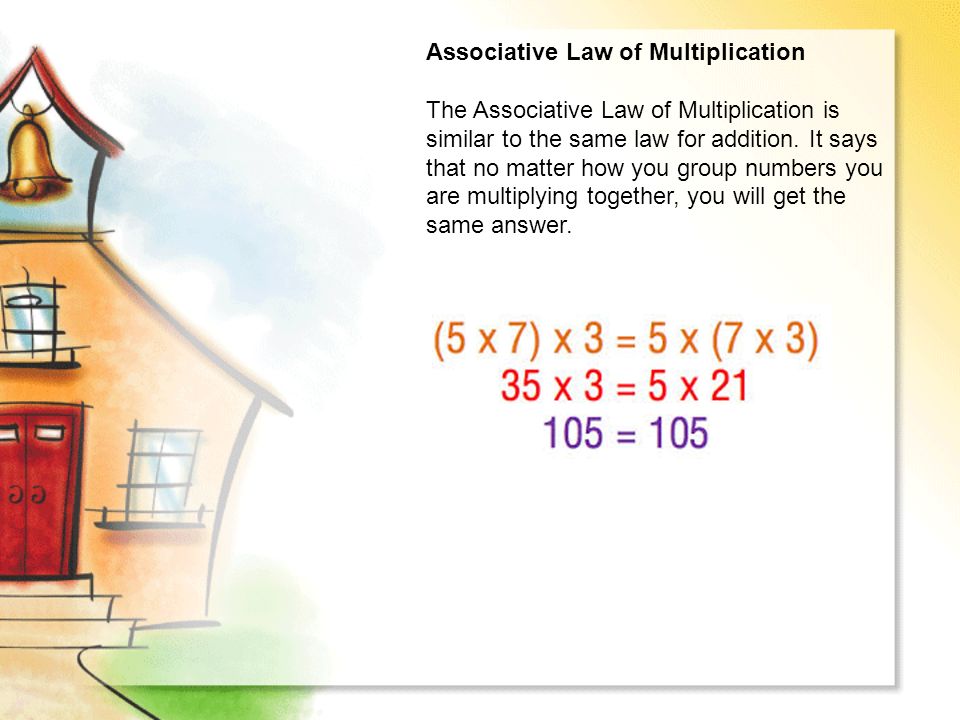 Associative Law of Multiplication The Associative Law of Multiplication is similar to the same law for addition.