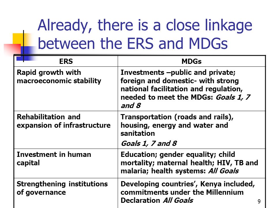 Already, there is a close linkage between the ERS and MDGs