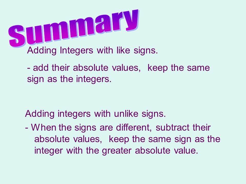 Summary Adding Integers with like signs.