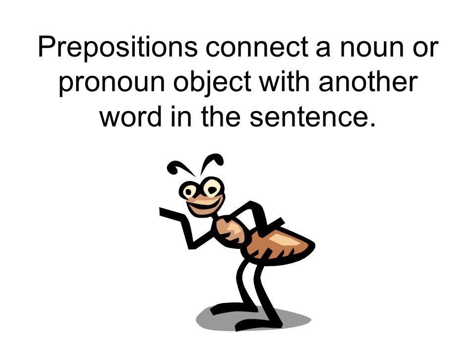 Prepositions connect a noun or pronoun object with another word in the sentence.