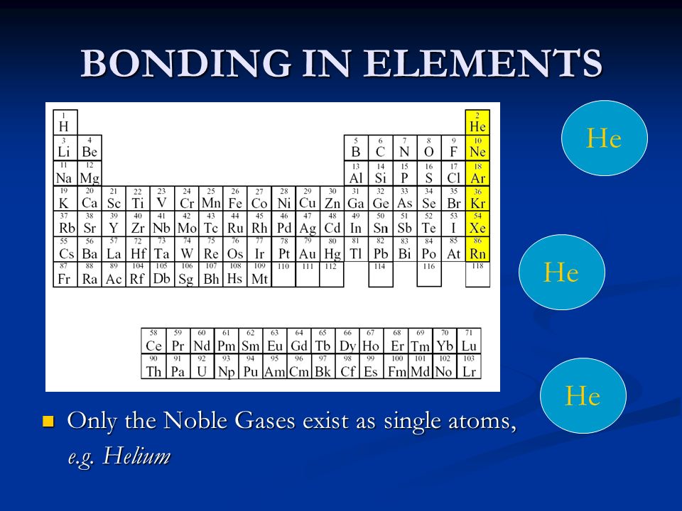 BONDING IN ELEMENTS He Only the Noble Gases exist as single atoms,