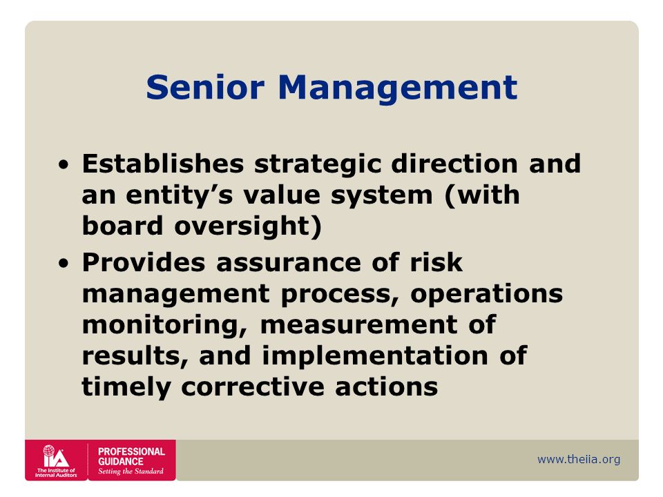 Senior Management Establishes strategic direction and an entity’s value system (with board oversight)
