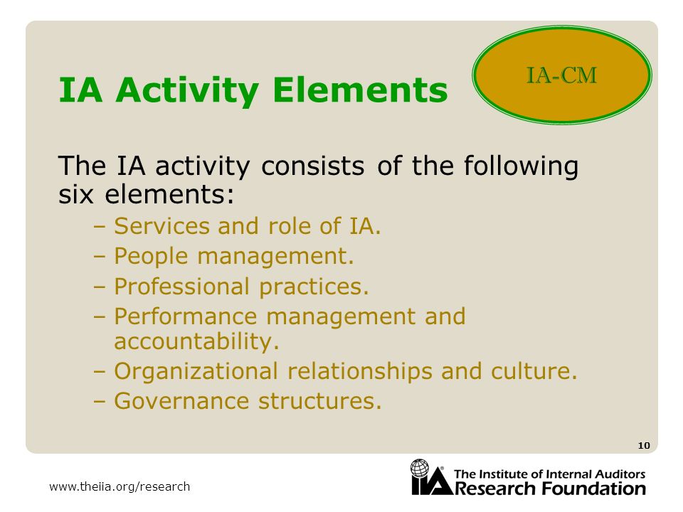 IA-CM IA Activity Elements. The IA activity consists of the following six elements: Services and role of IA.