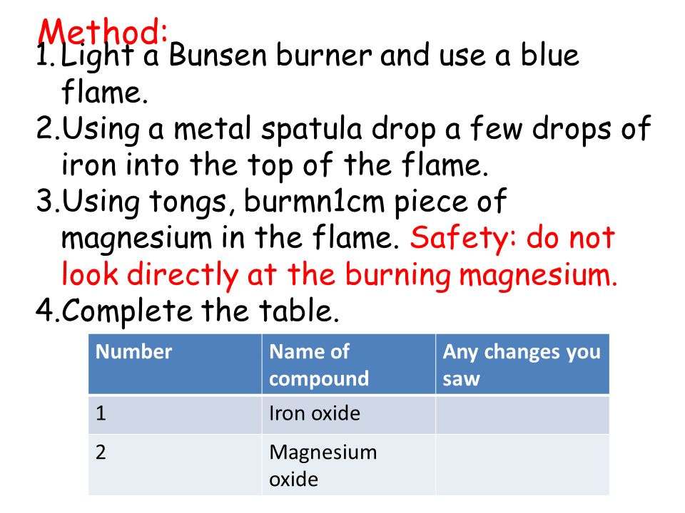 Method: Light a Bunsen burner and use a blue flame.