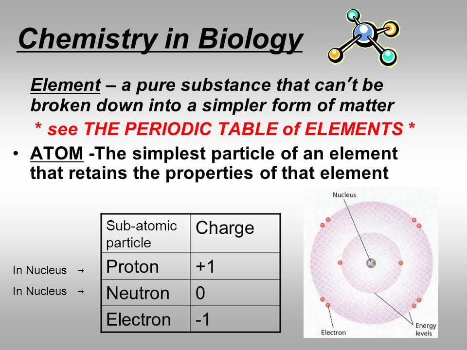 Chemistry in Biology * see THE PERIODIC TABLE of ELEMENTS *