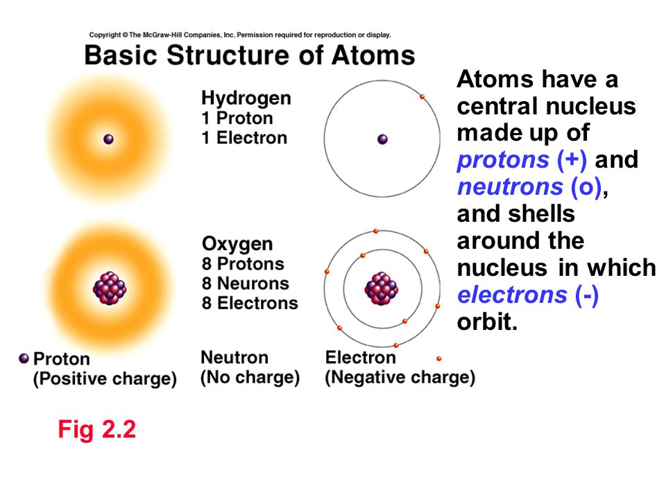 Atoms have a central nucleus made up of protons (+) and neutrons (o), and shells around the nucleus in which electrons (-) orbit.