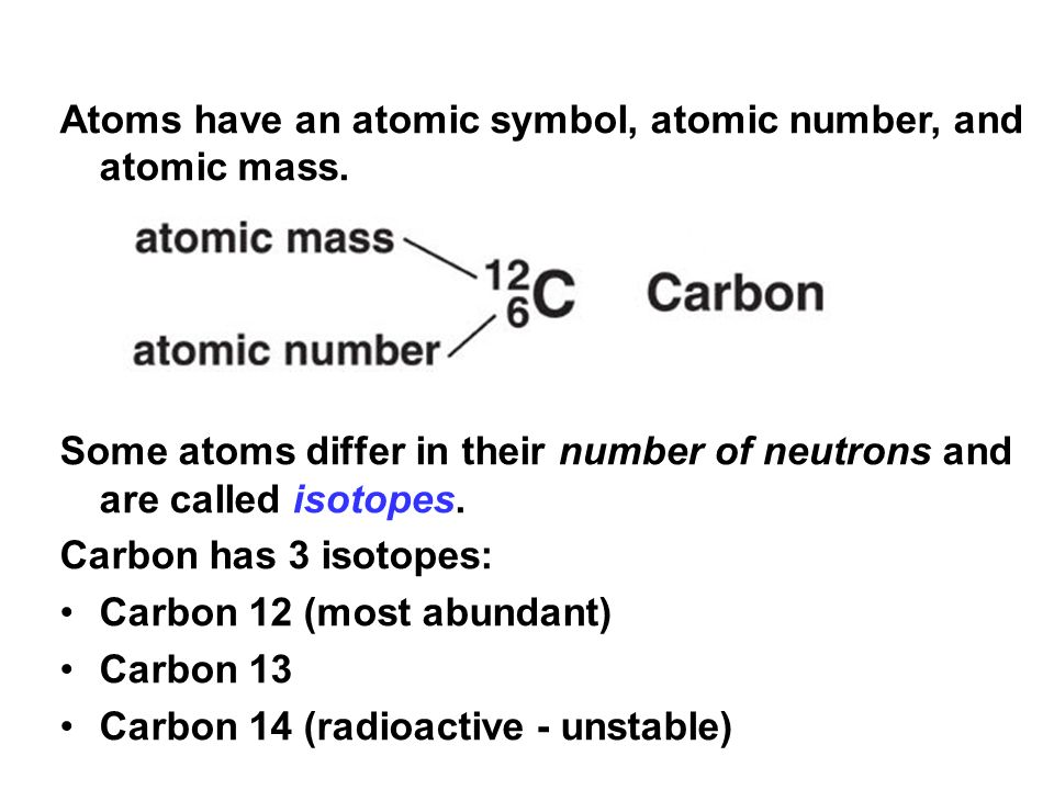 Atoms have an atomic symbol, atomic number, and atomic mass.