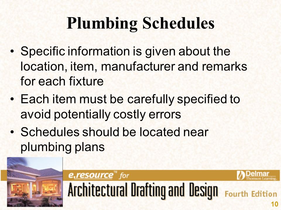 Plumbing Schedules Specific information is given about the location, item, manufacturer and remarks for each fixture.