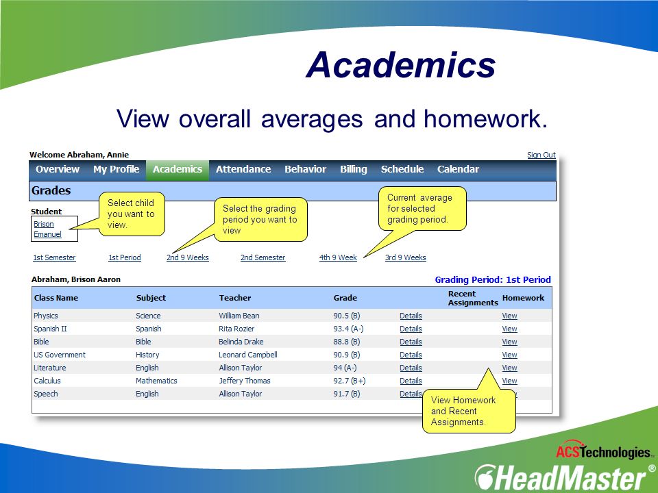 Academics View overall averages and homework.