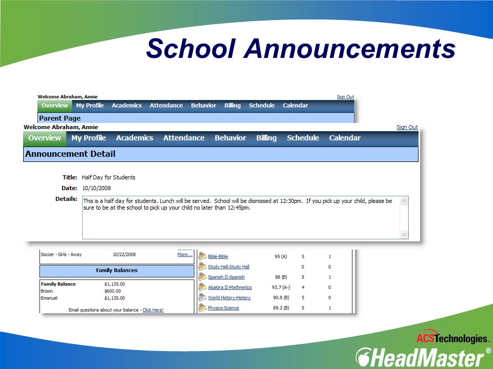School Announcements Click More to view the School Announcement details.