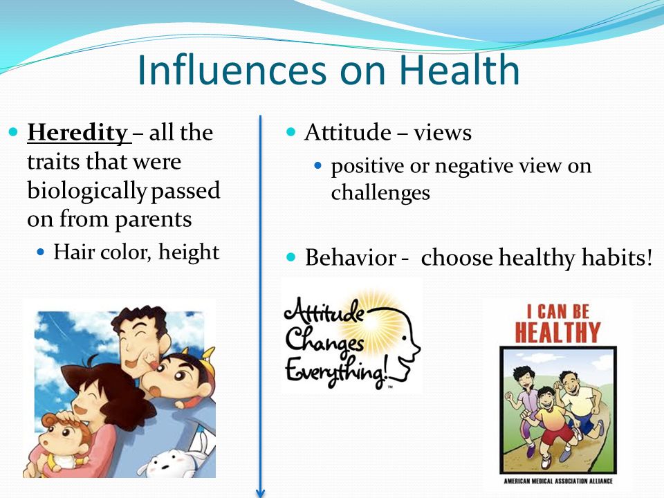Influences on Health Heredity – all the traits that were biologically passed on from parents. Hair color, height.