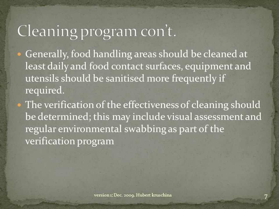 Cleaning program con’t.