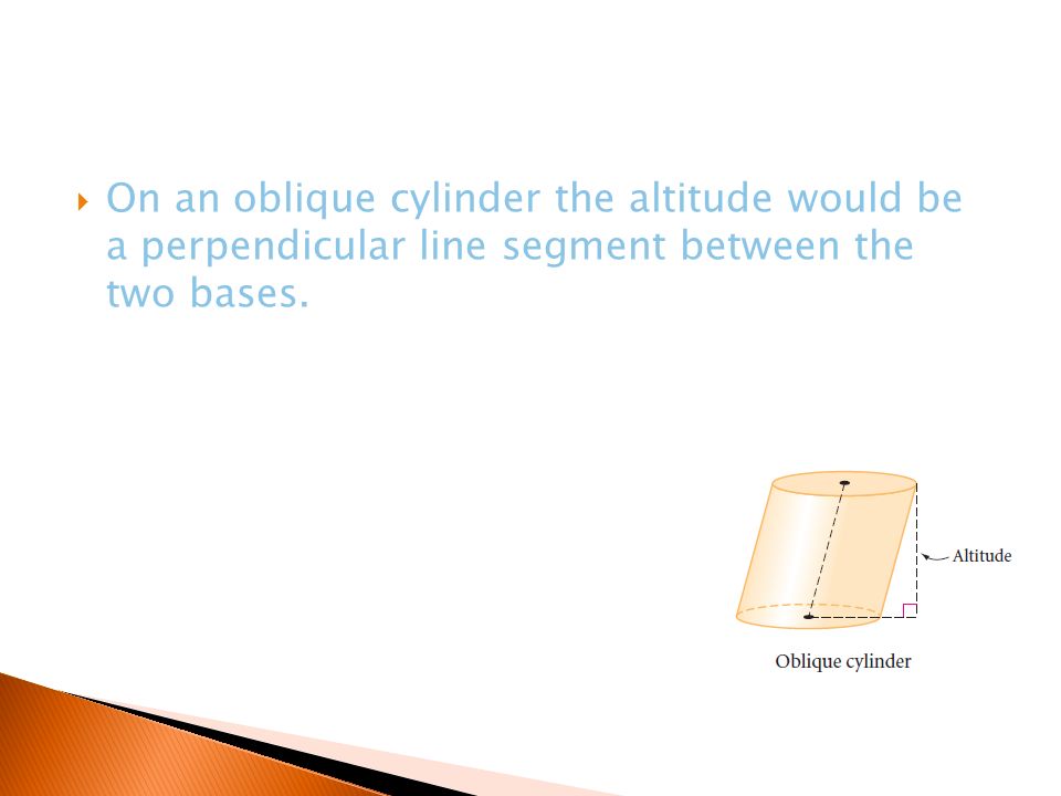 On an oblique cylinder the altitude would be a perpendicular line segment between the two bases.