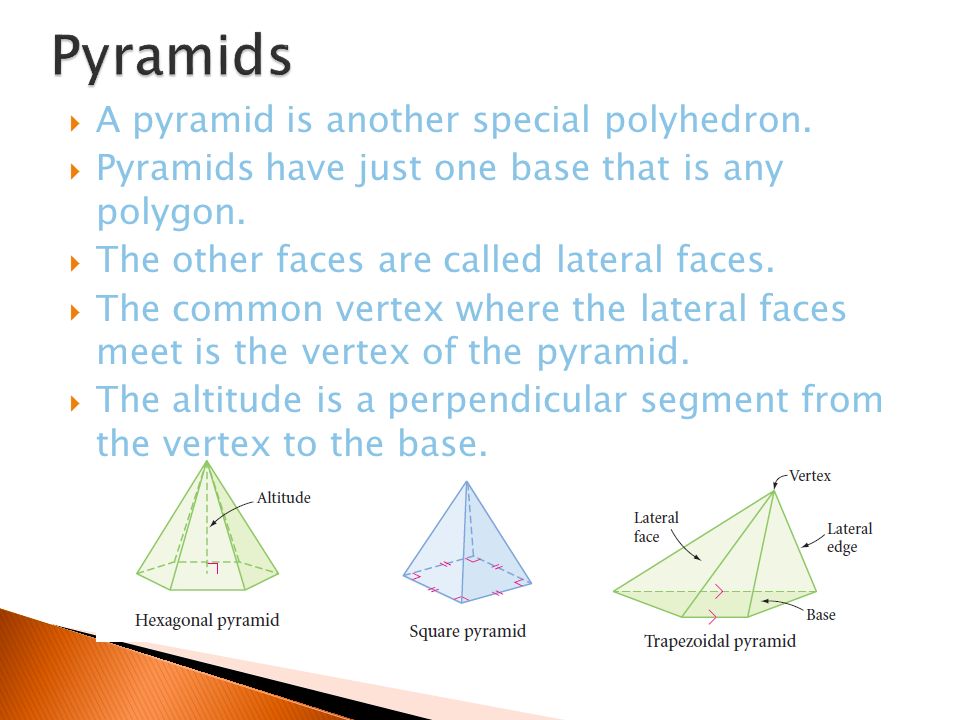 Pyramids A pyramid is another special polyhedron.