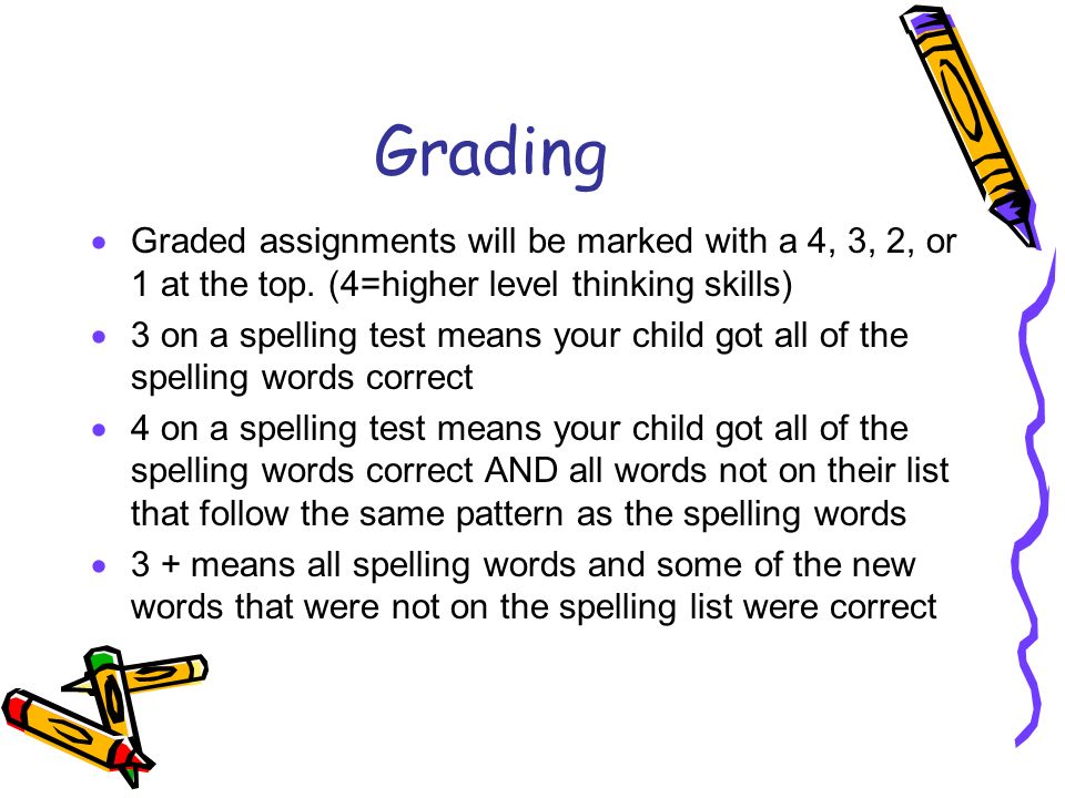 Grading Graded assignments will be marked with a 4, 3, 2, or 1 at the top. (4=higher level thinking skills)