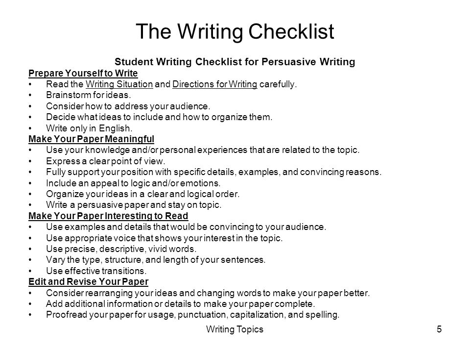 Student Writing Checklist for Persuasive Writing