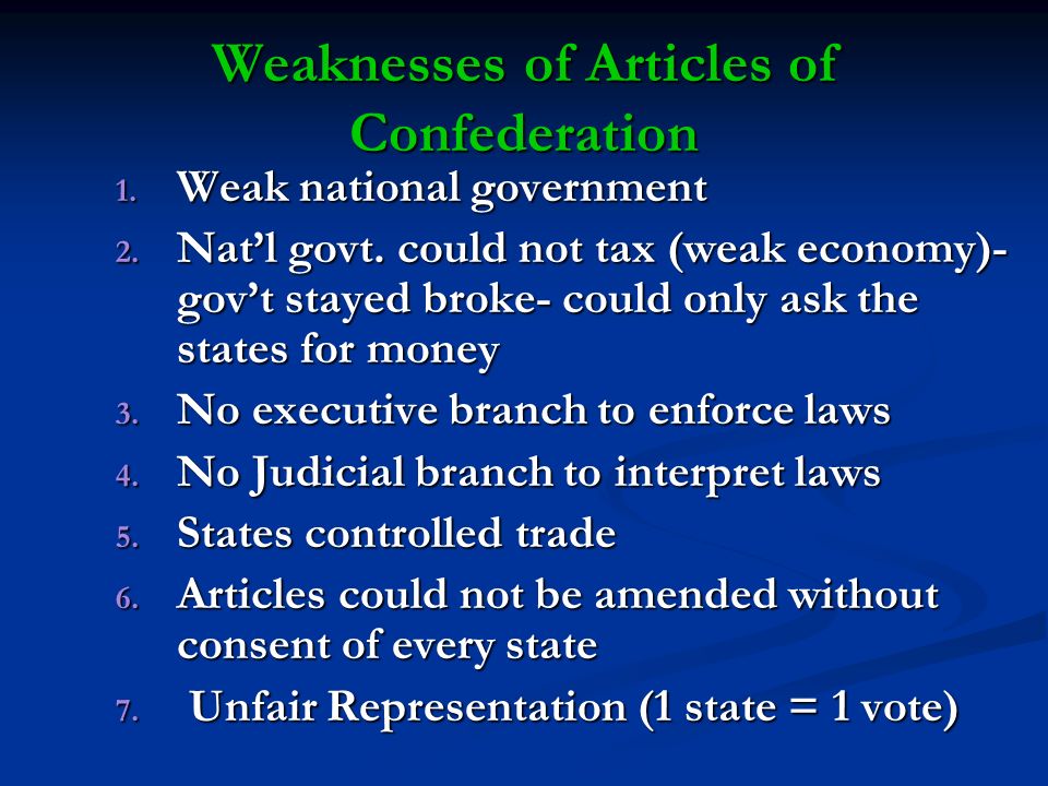 Weaknesses of Articles of Confederation