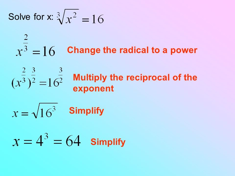 Solve for x: Change the radical to a power. Multiply the reciprocal of the exponent.