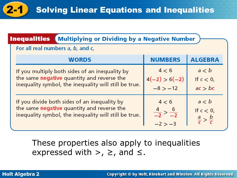These properties also apply to inequalities expressed with >, ≥, and ≤.