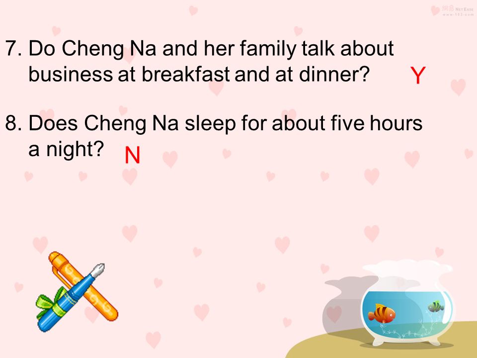 Y N 7. Do Cheng Na and her family talk about