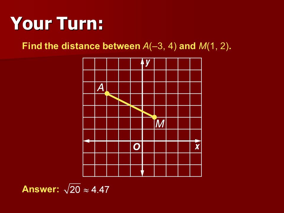 Your Turn: Find the distance between A(–3, 4) and M(1, 2). Answer:
