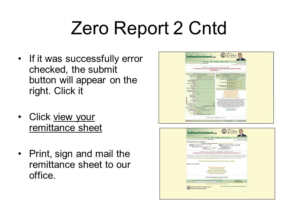 Zero Report 2 Cntd If it was successfully error checked, the submit button will appear on the right. Click it.