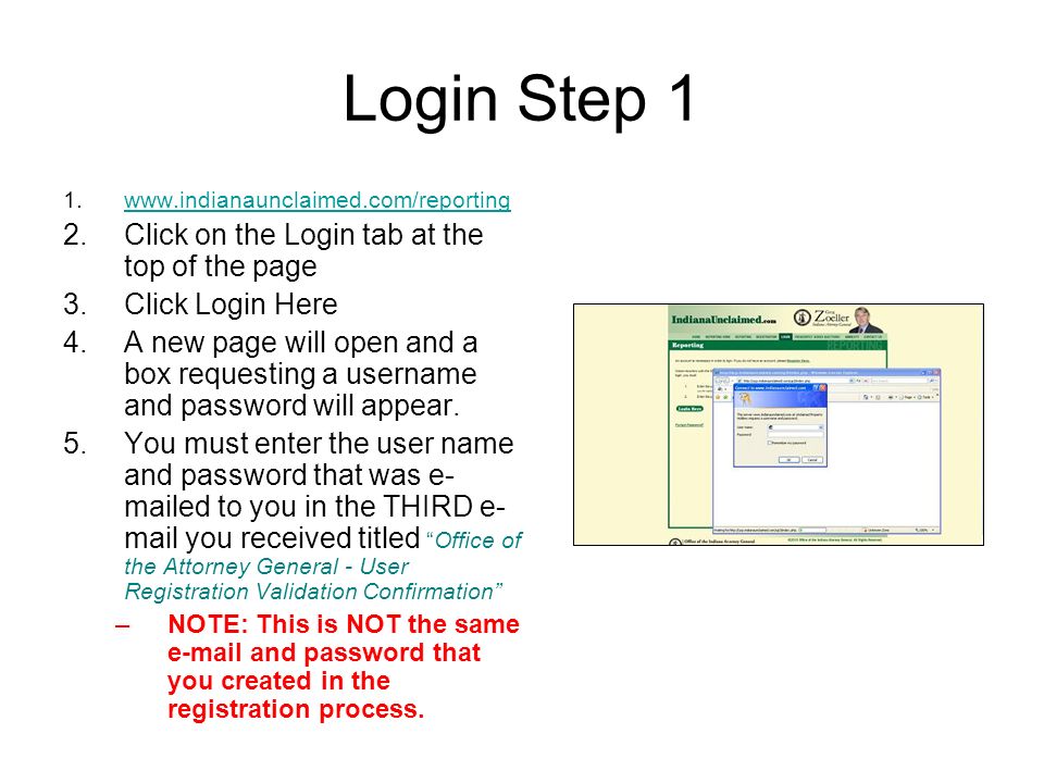 Login Step 1 Click on the Login tab at the top of the page