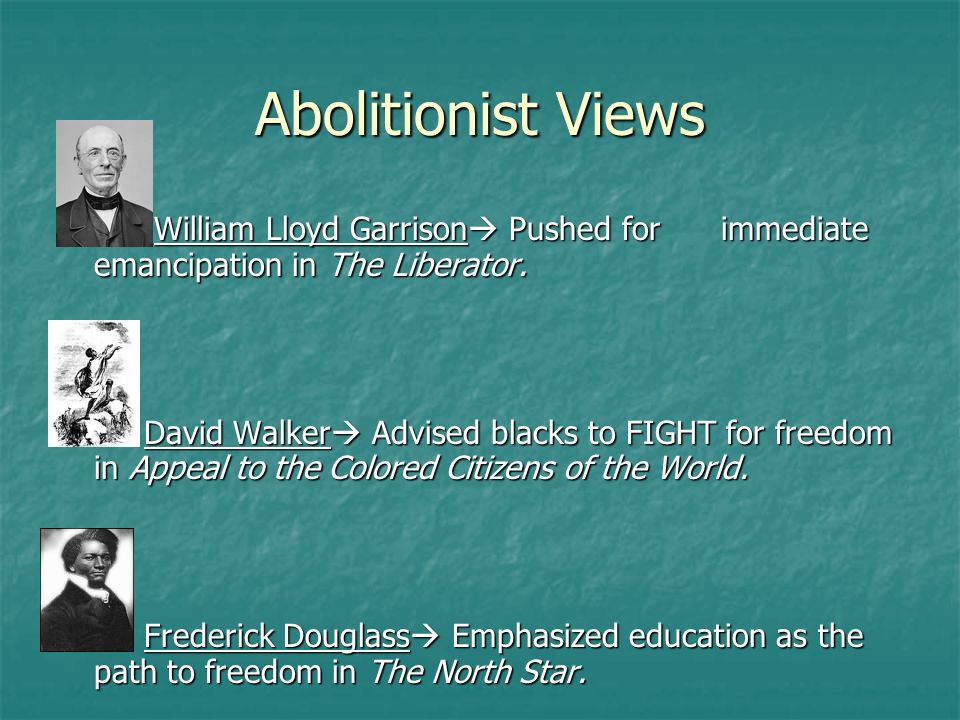 Abolitionist Views William Lloyd Garrison Pushed for immediate emancipation in The Liberator.