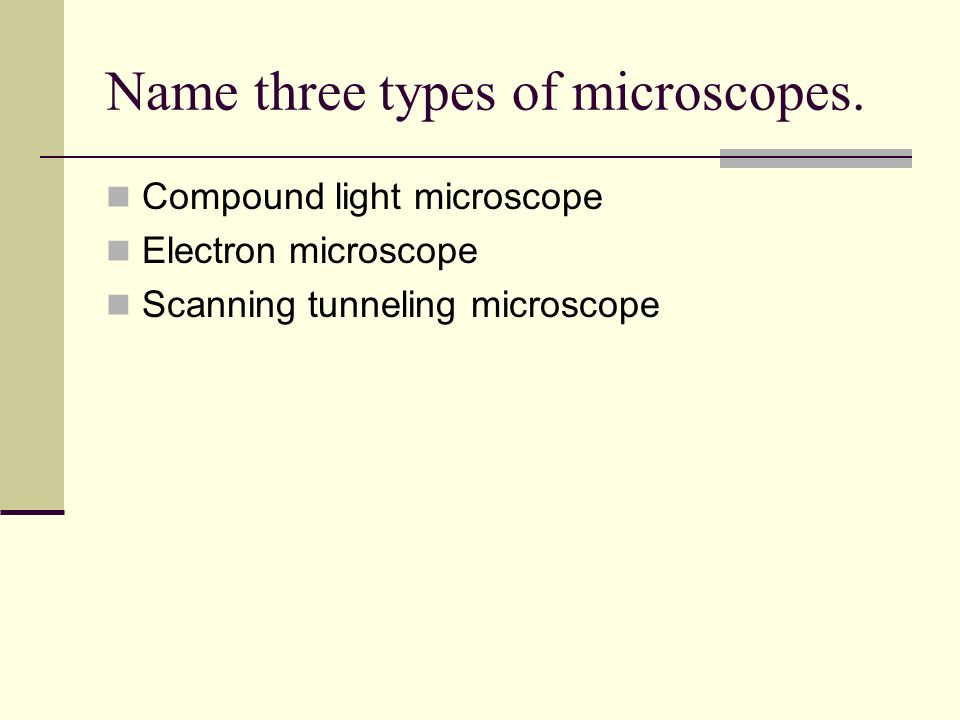 Name three types of microscopes.