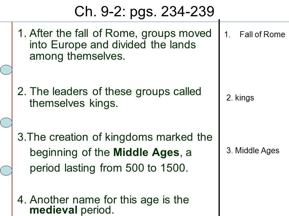 Ch. 9-2: pgs After the fall of Rome, groups moved into Europe and divided the lands among themselves.