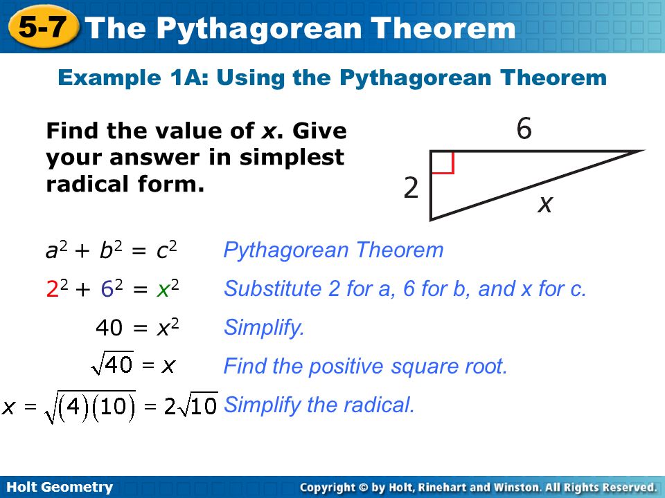 Example 1A: Using the Pythagorean Theorem