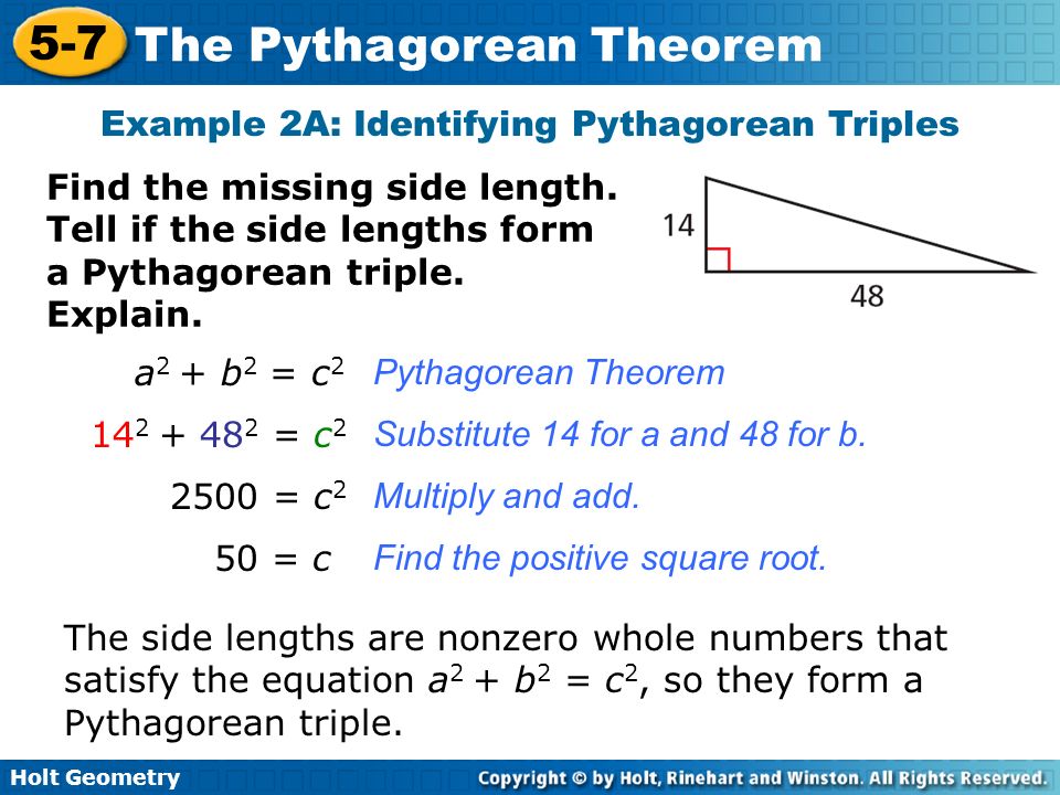 Example 2A: Identifying Pythagorean Triples