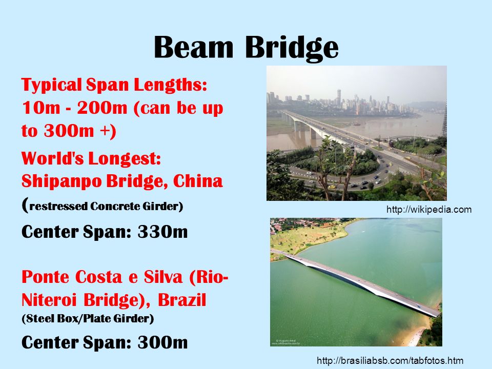 beam bridge typical span lengths: 10m - 200m (can be up to 300m